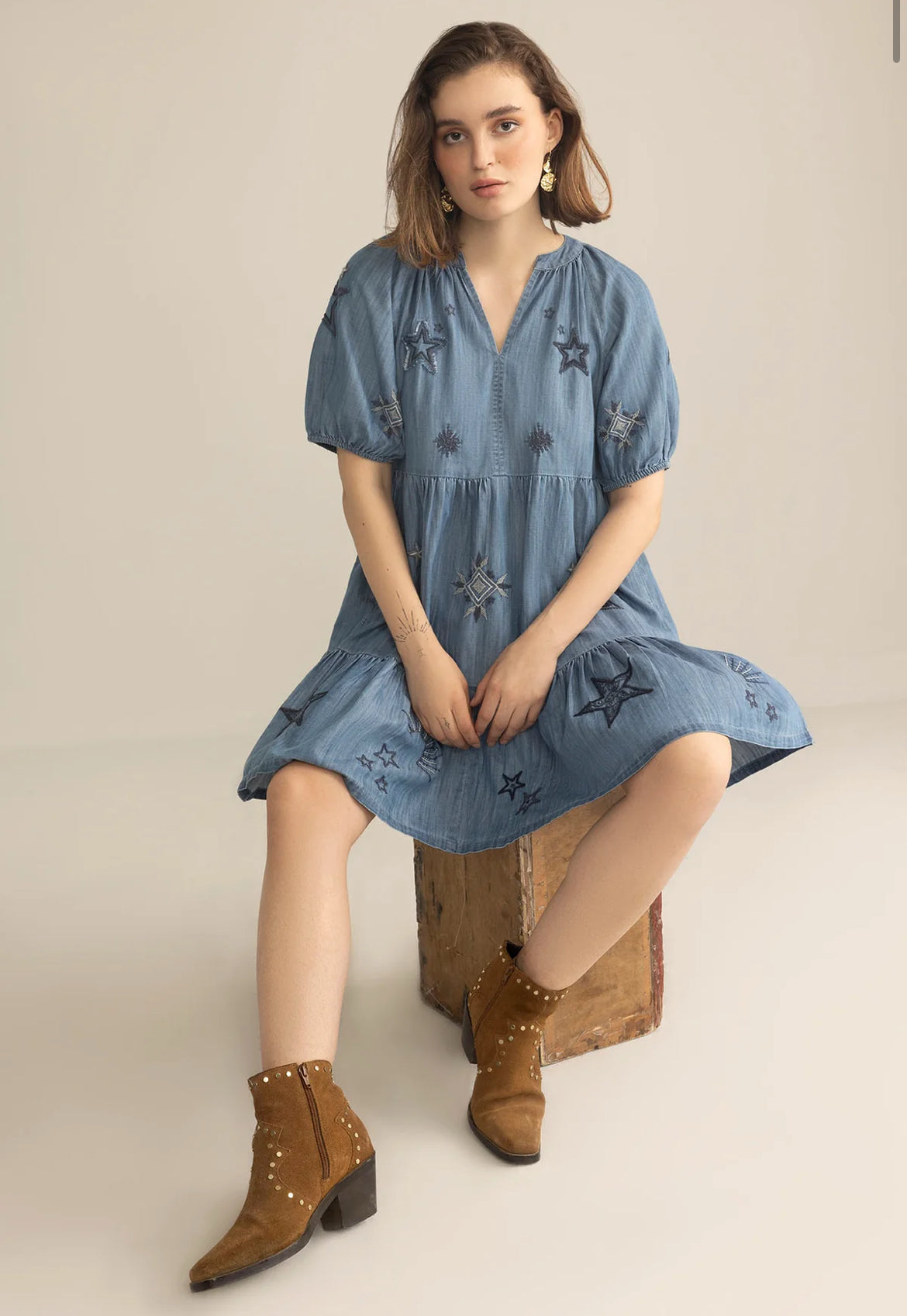 Prairie Hymn Embroidered Dress in Dusty Blue by Myra Bag