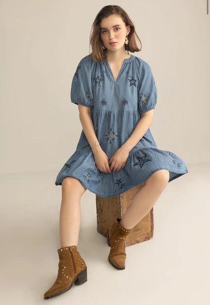 Prairie Hymn Embroidered Dress in Dusty Blue by Myra Bag