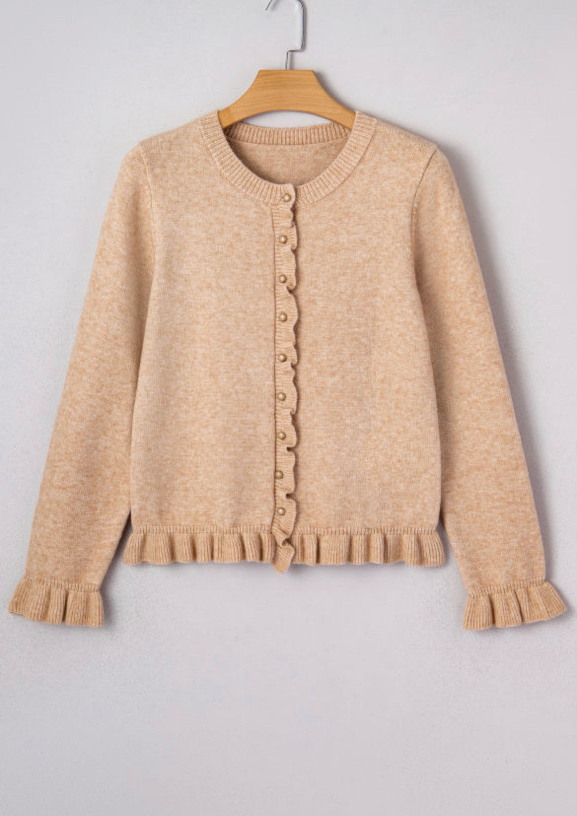 Oatmeal Ruffle Trim Gold Button Cardigan Sweater