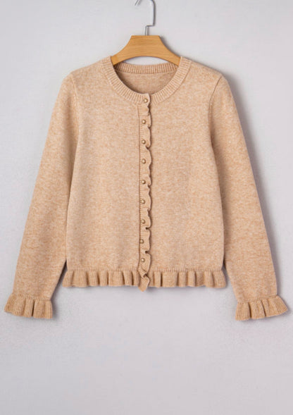 Oatmeal Ruffle Trim Gold Button Cardigan Sweater