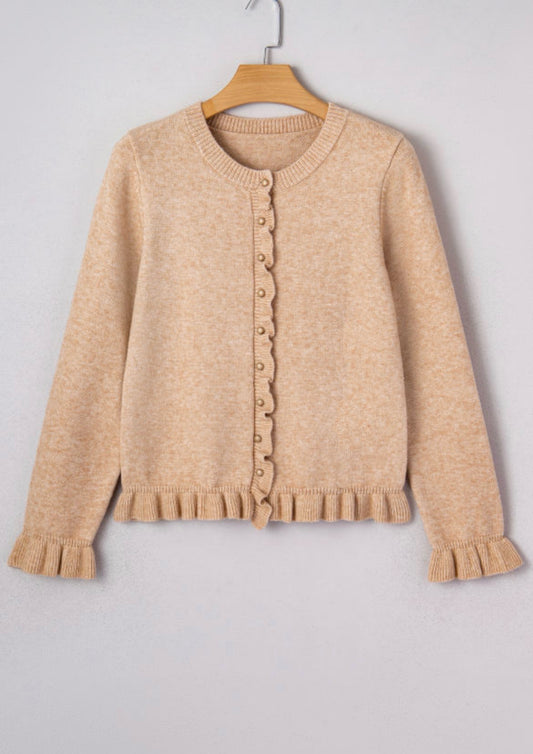 Oatmeal Ruffle Trim Gold Button Cardigan Sweater