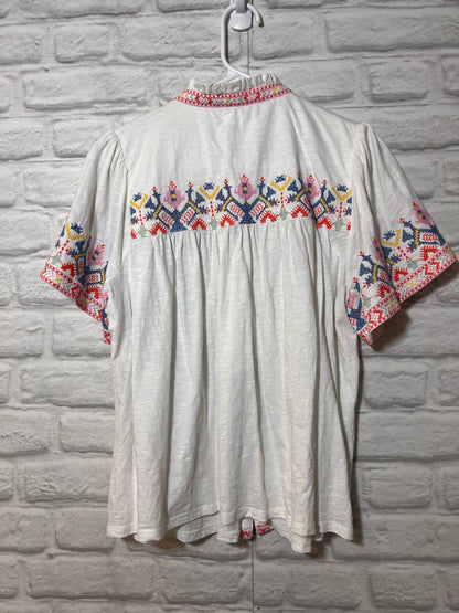 Size 12 Boden White Cotton Button Down Top w/ Embroidered Detail