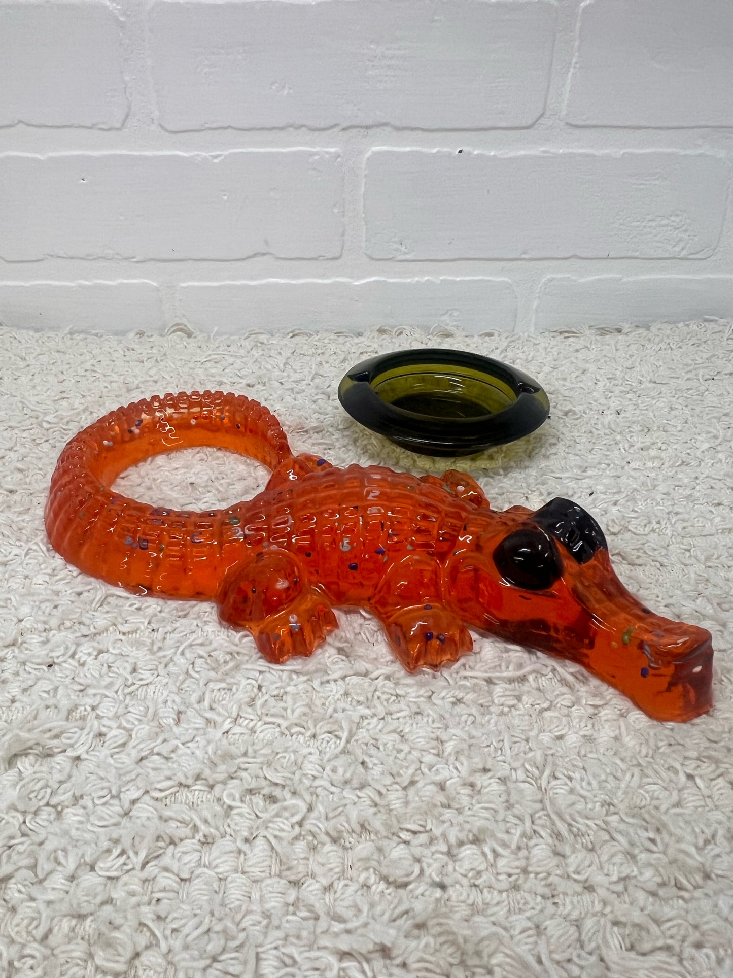 Vintage Lucite Alligator Ashtray - Orange Lucite with Green Glass Insert