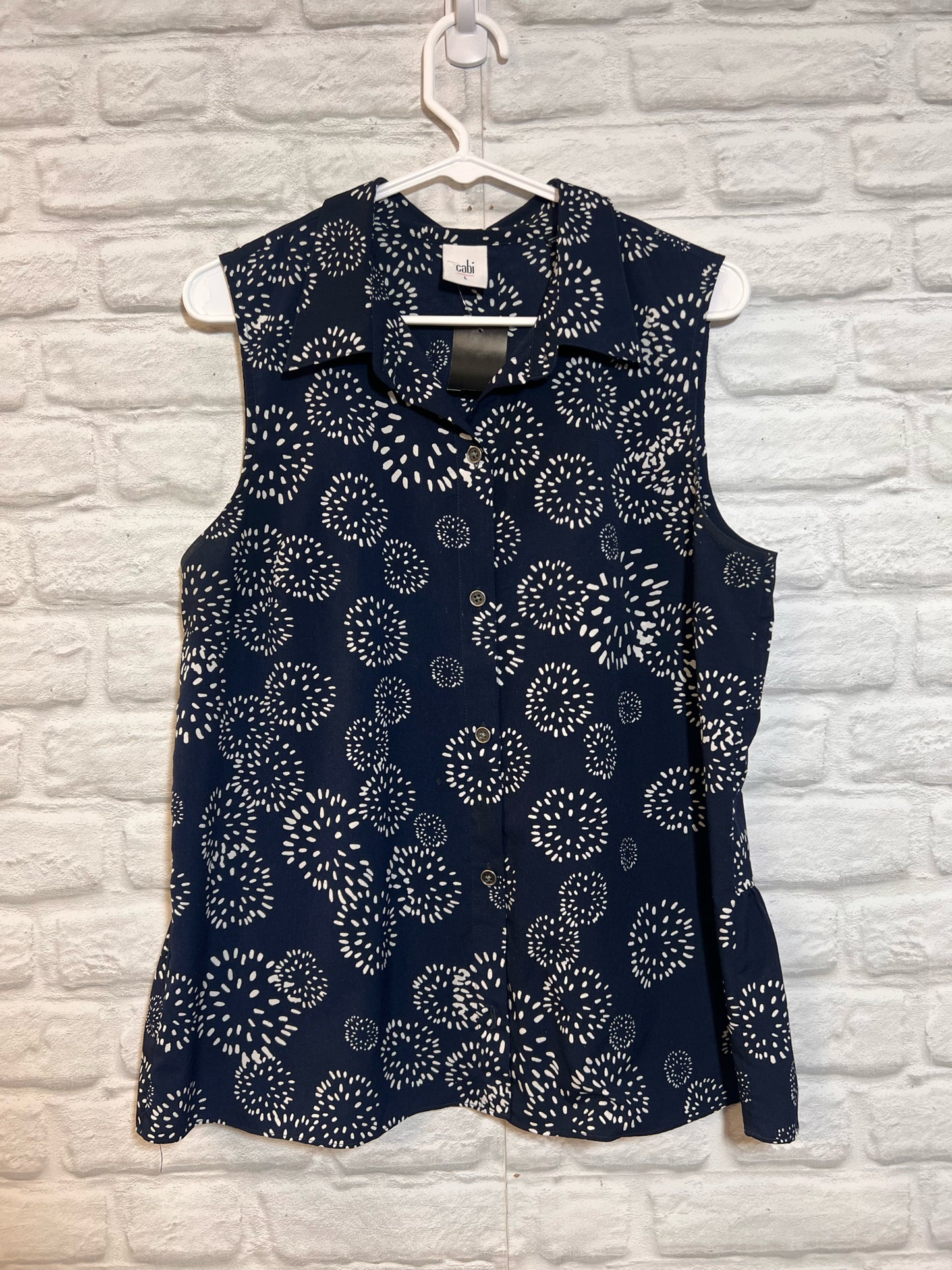 Size L CAbi Navy Blue & White Button Down Summer Top