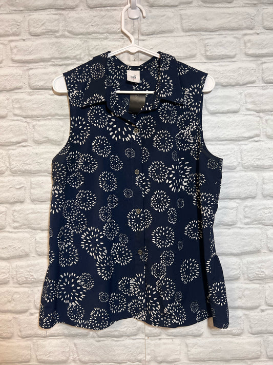 Size L CAbi Navy Blue & White Button Down Summer Top