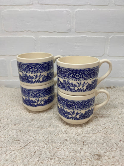 Vintage Mug Set - Four Blue Willow Stackable Mugs