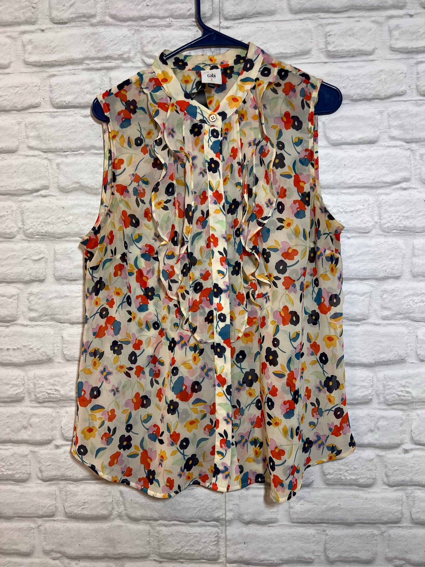 Size L CAbi Multicolor Floral Ruffled Pleated Tank Blouse