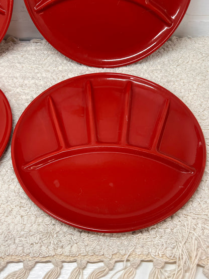 Set of 4 Vintage Red Enamelware Plates - Divided