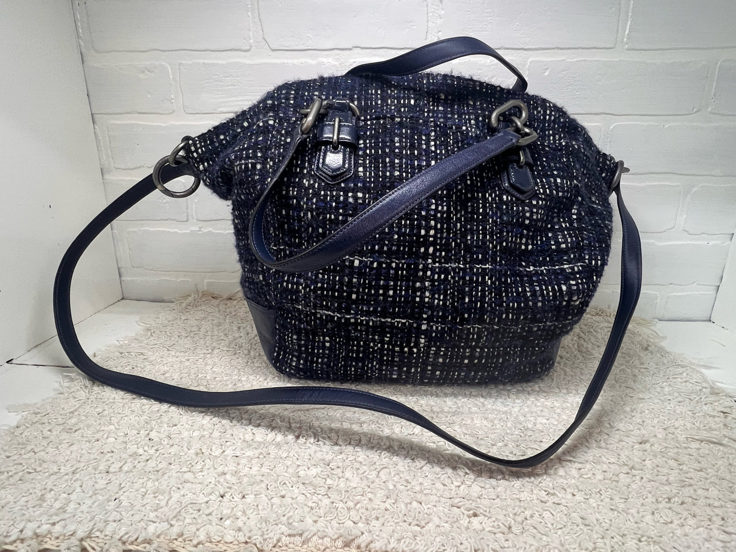 Coach Chelsea Boucle Mersin Purse Shoulder Tote in Navy Blue Tweed