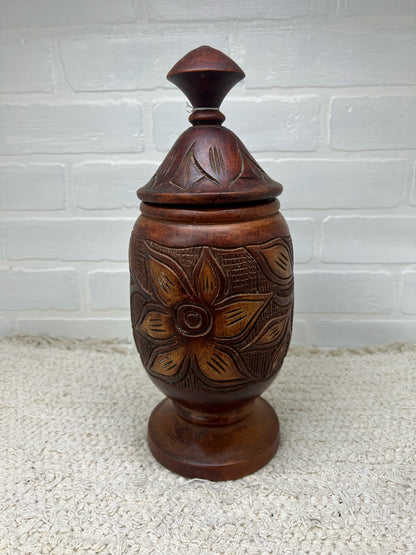 Vintage turned wood hand carved lidded urn