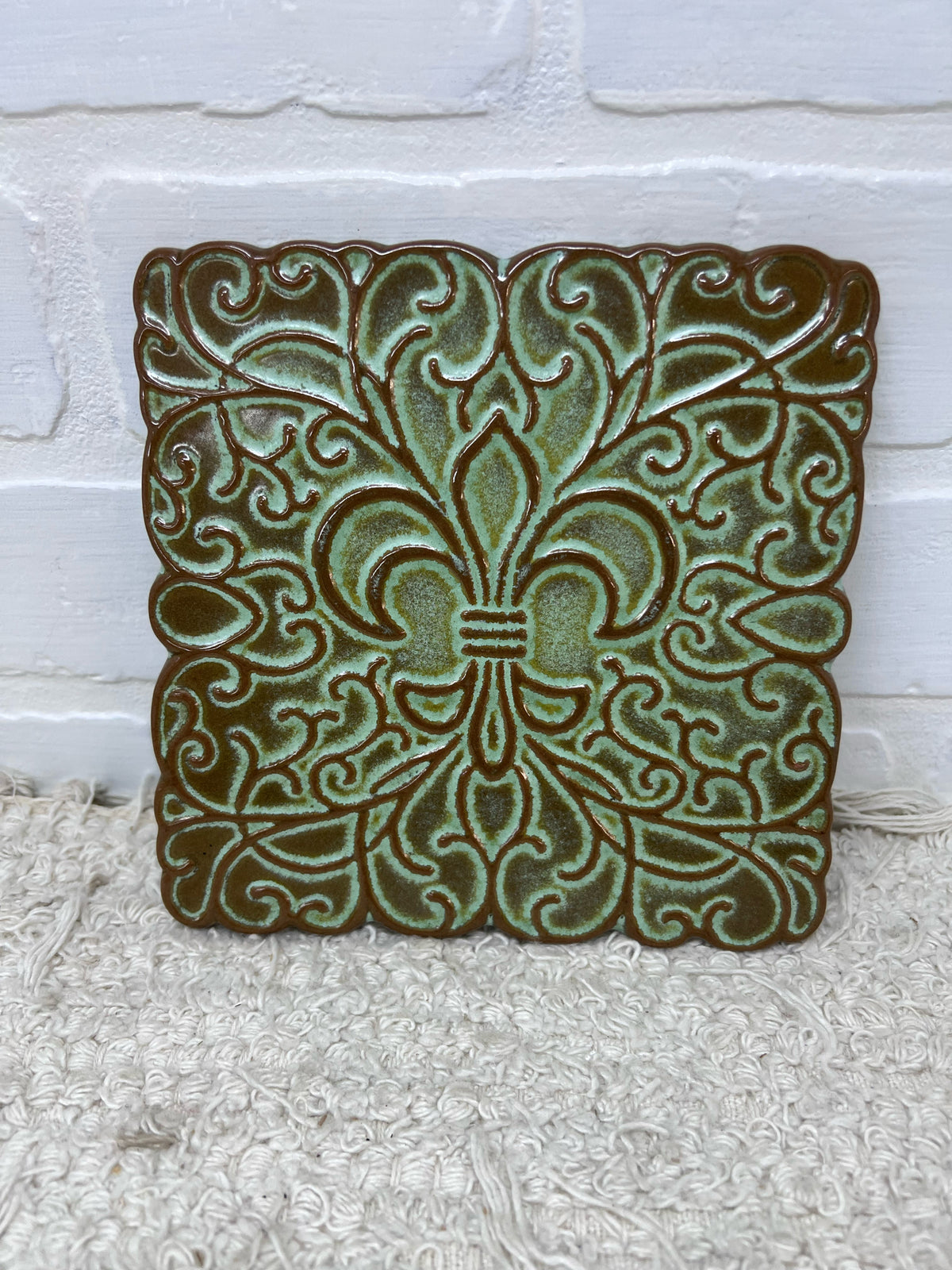 Frankoma Pottery Prairie Green Fleur de Lis  Trivet