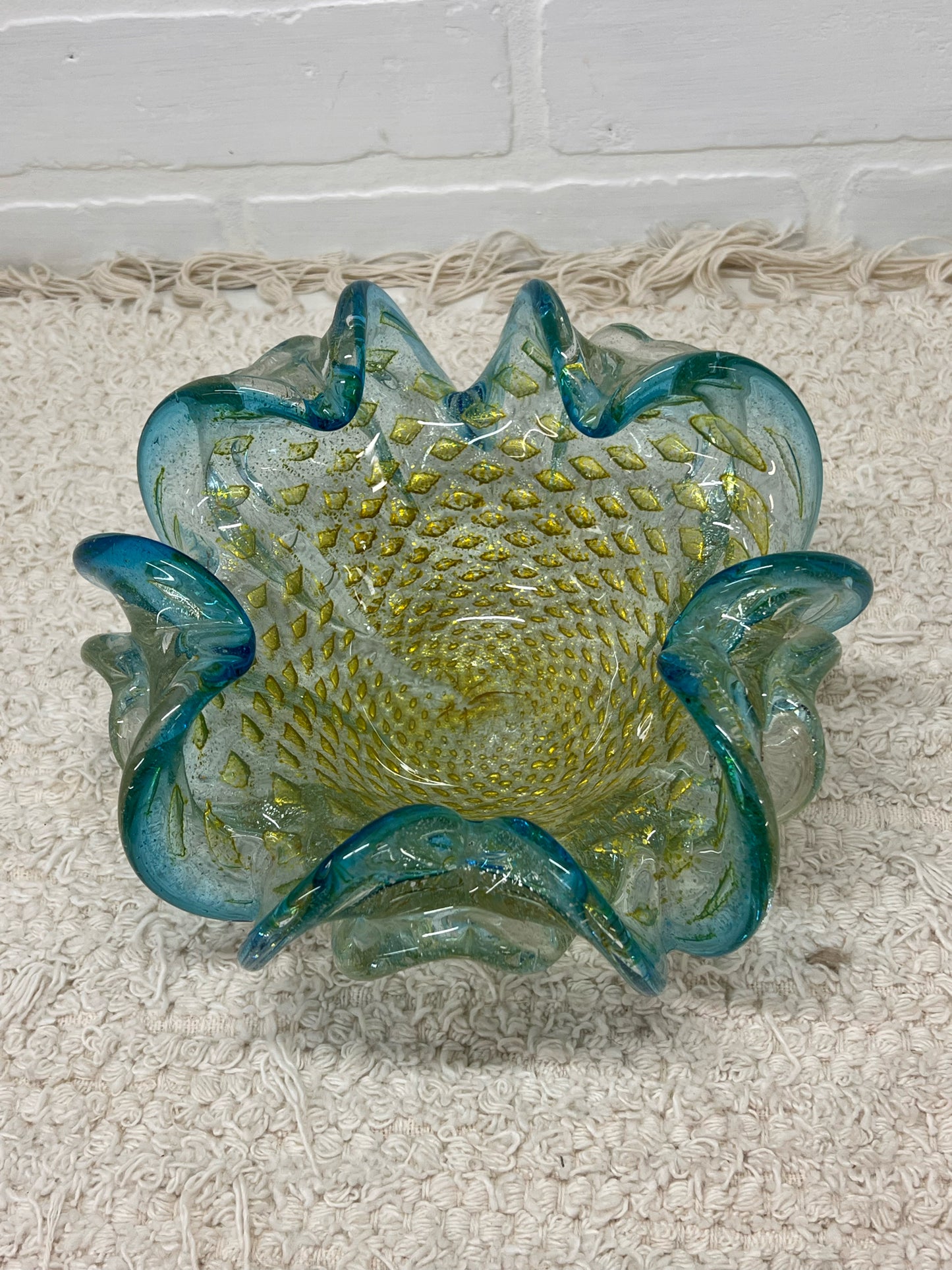 Murano/Murano Style Bollinato Blue & Gold Art Glass Bowl