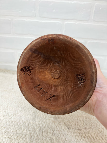Vintage turned wood hand carved lidded urn