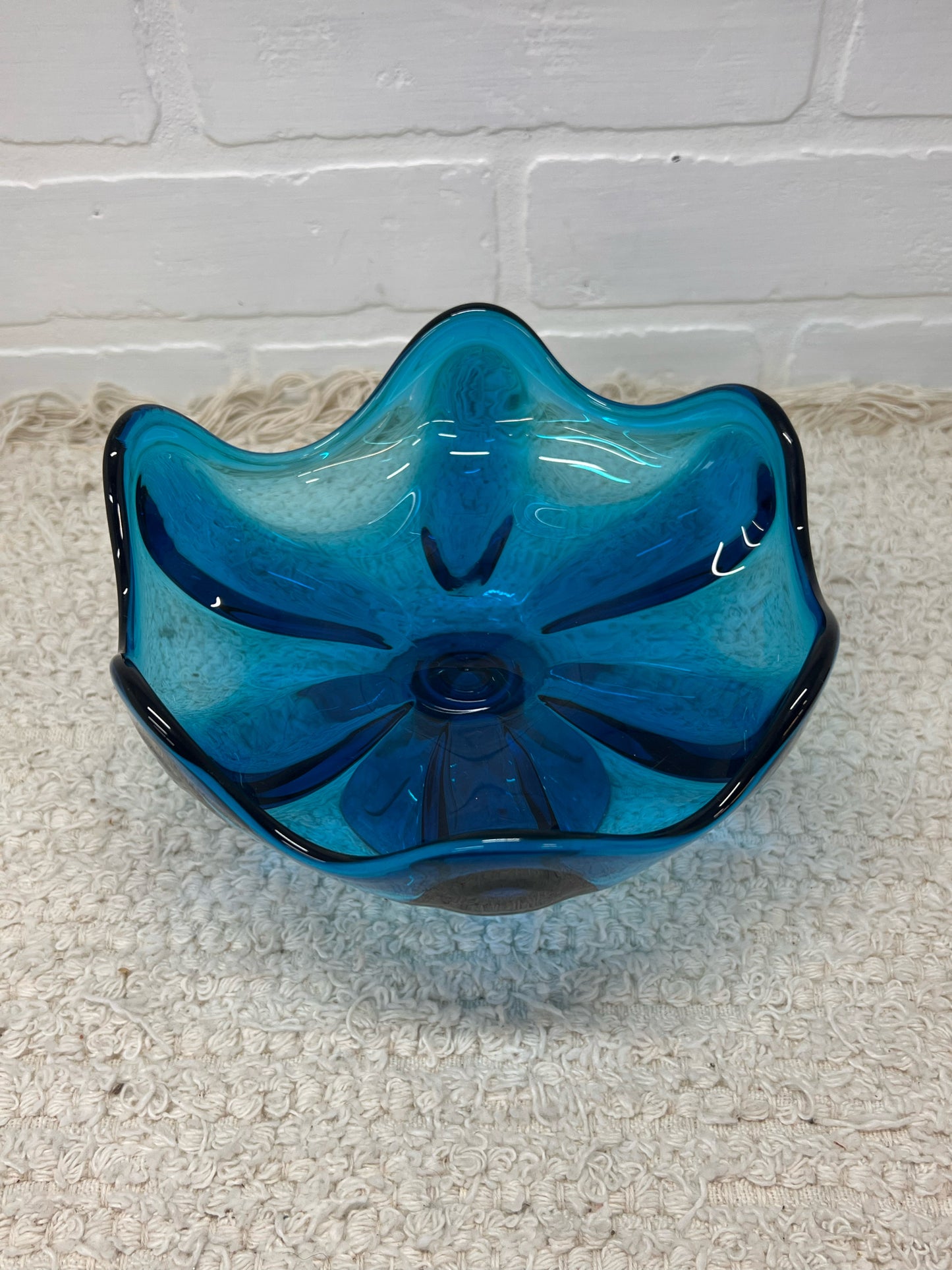 Viking Glass MCM Six Petal Blue Compote Pedastal Bowl