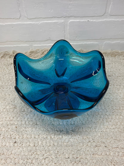 Viking Glass MCM Six Petal Blue Compote Pedastal Bowl
