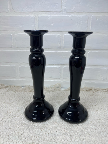 Vintage Black Art Glass Taper Candle Holders 10"