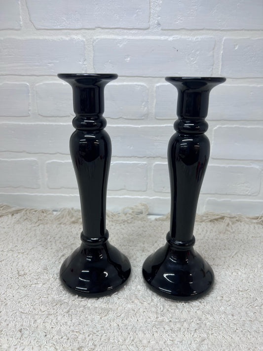 Vintage Black Art Glass Taper Candle Holders 10"