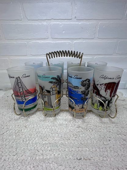 Vintage California Scenes Frosted Glasses Set of 8 Original Wire Carrier MCM Bar