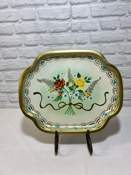 Vintage floral tollware metal tray