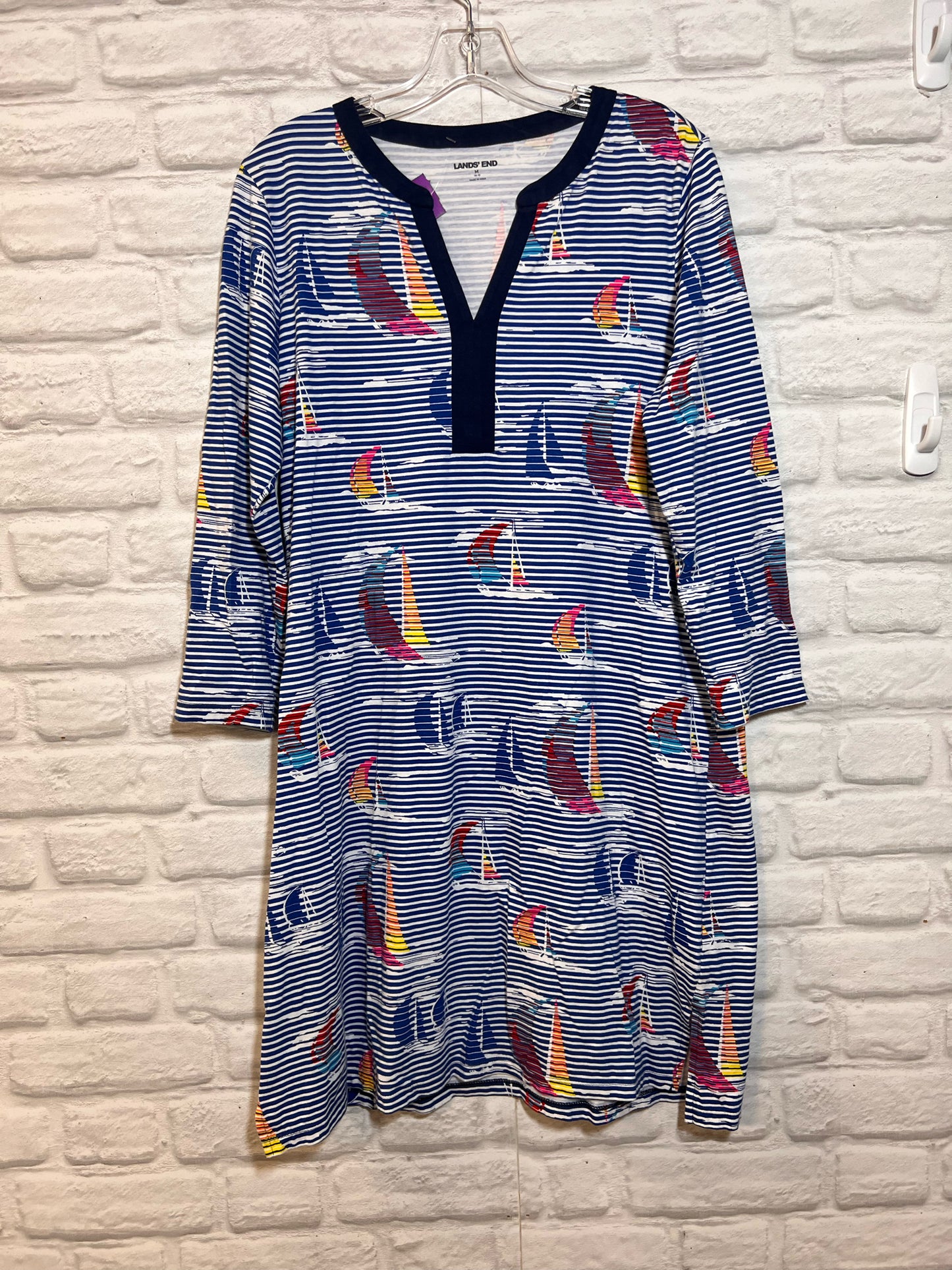 Size M Land's End Cotton Long Sleeve Dress w/ Stripe/Boat Pattern