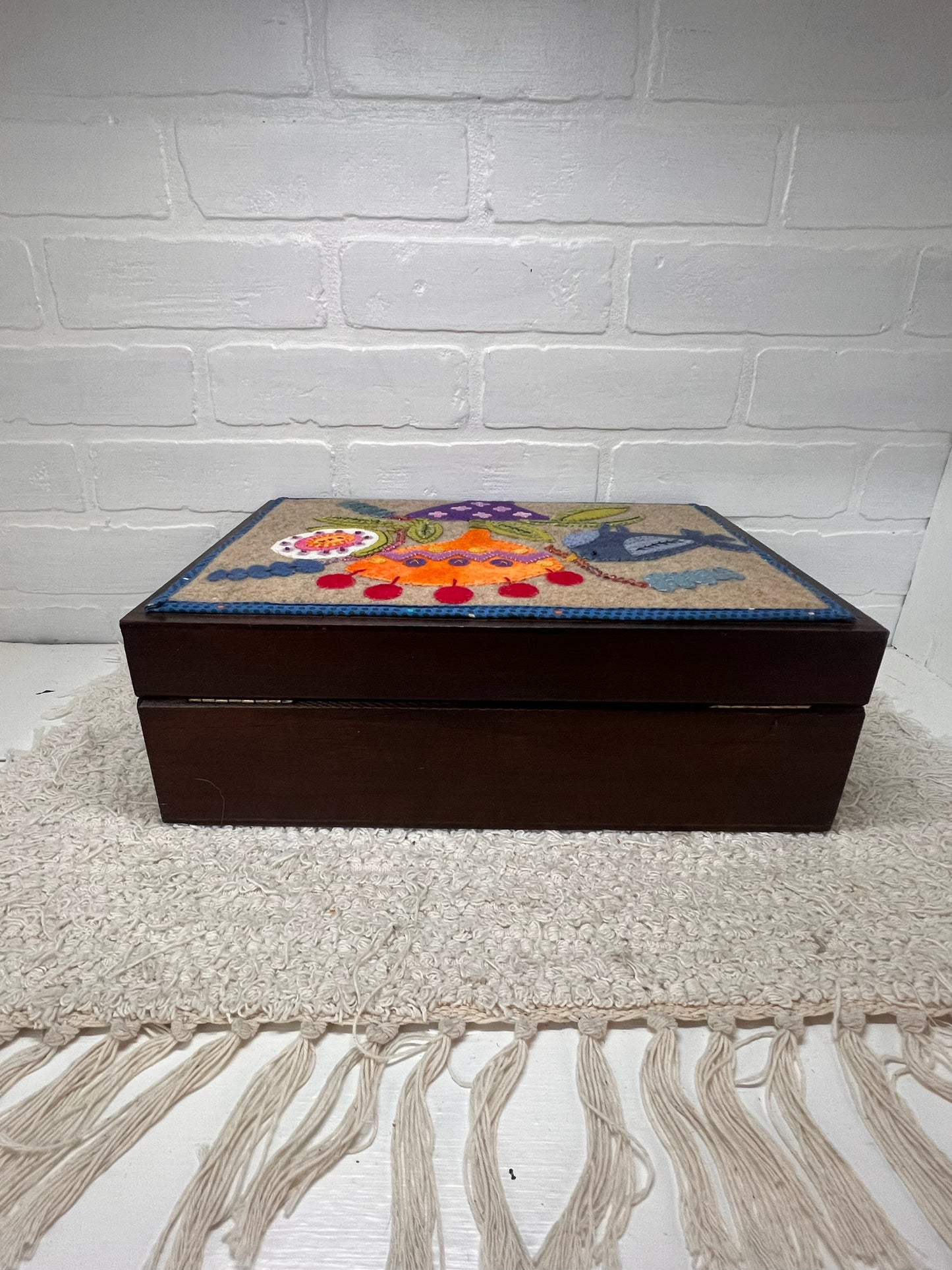 Vintage Custom Wood Sewing Box with Felt Top Bird/Floral Design