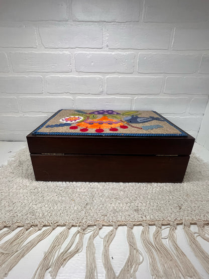 Vintage Custom Wood Sewing Box with Felt Top Bird/Floral Design