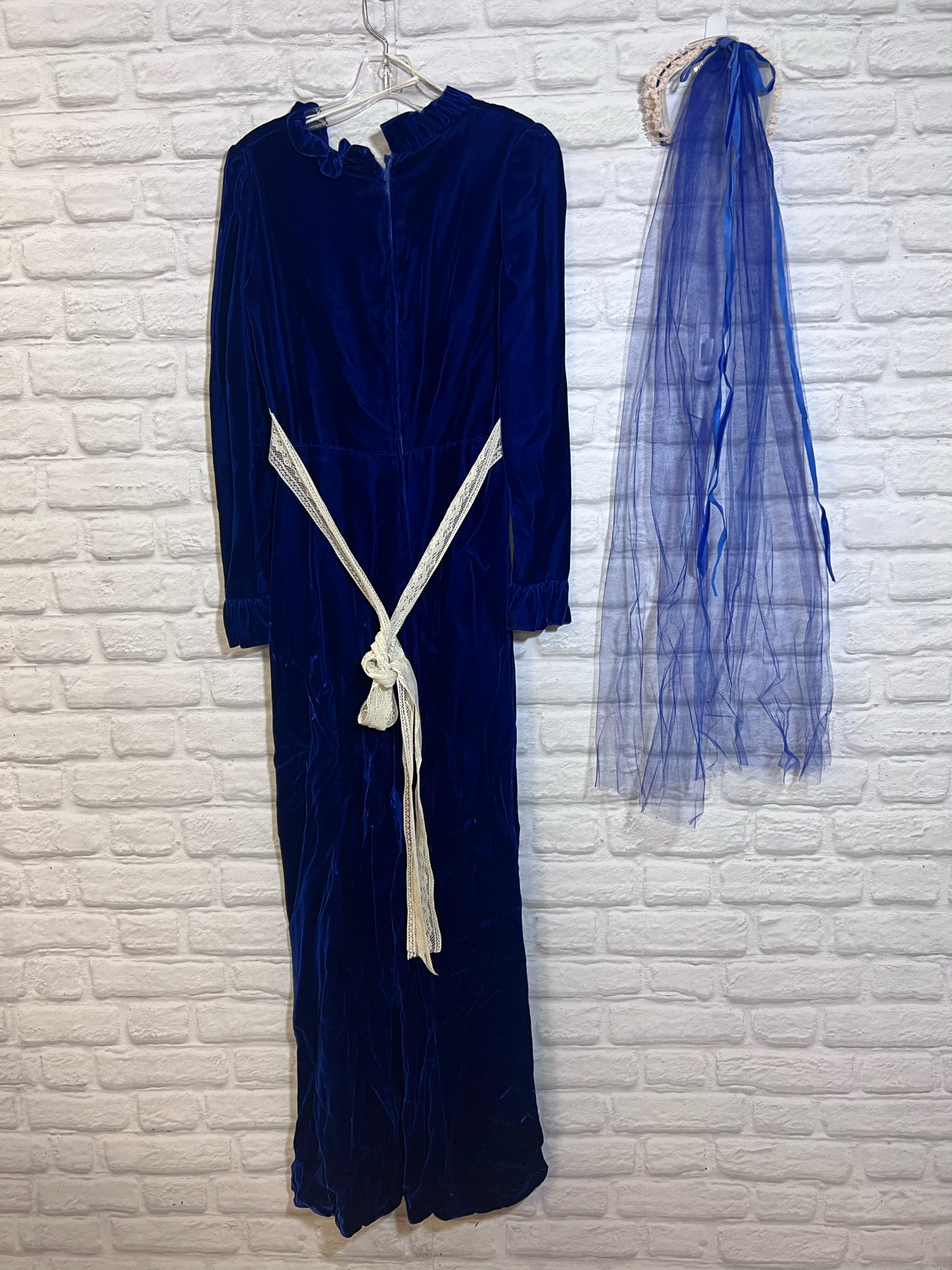 Circa 1970's Blue Velvet Bridesmaids Dress w/ Original Headpiece & Lace Sash