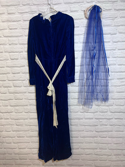 Circa 1970's Blue Velvet Bridesmaids Dress w/ Original Headpiece & Lace Sash