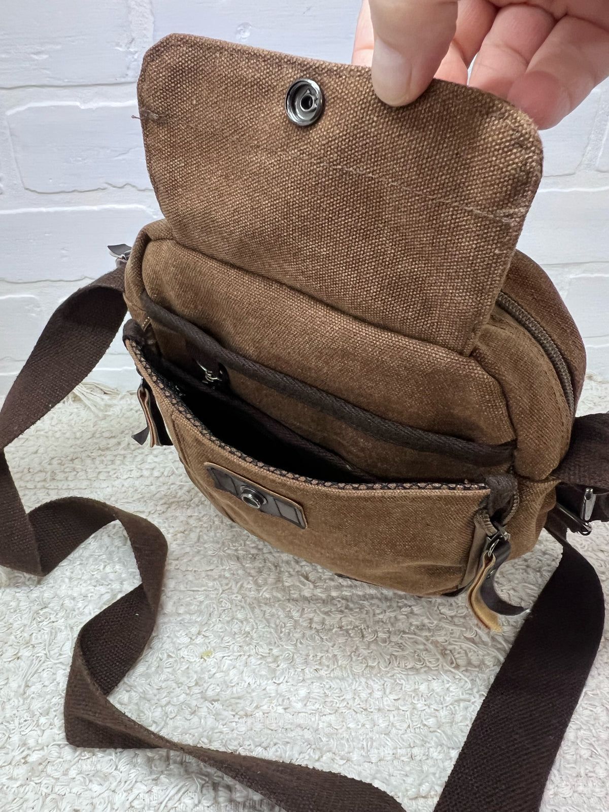 Harwish  Brown Canvas Square Crossbody Bag