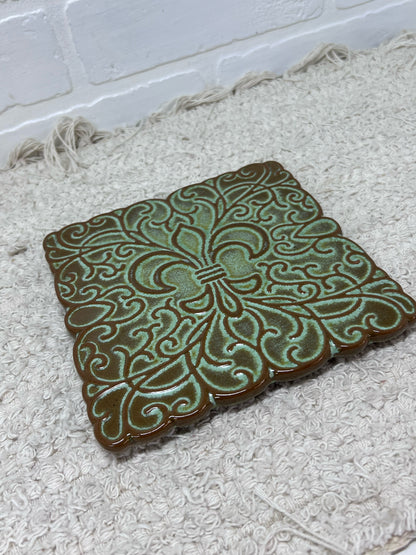 Frankoma Pottery Prairie Green Fleur de Lis  Trivet