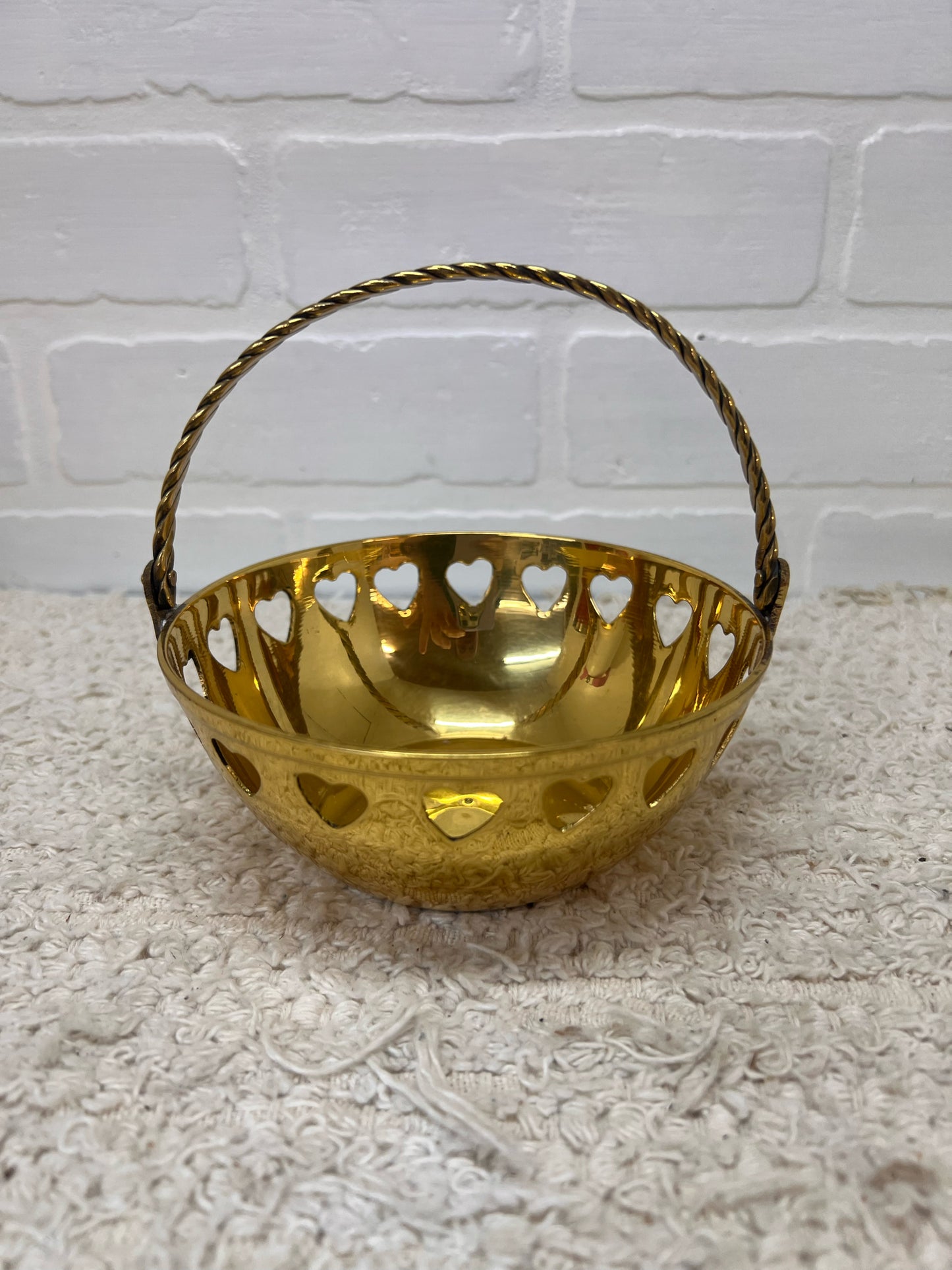 Vintage Brass Basket Bowl w/ Heart Cutouts