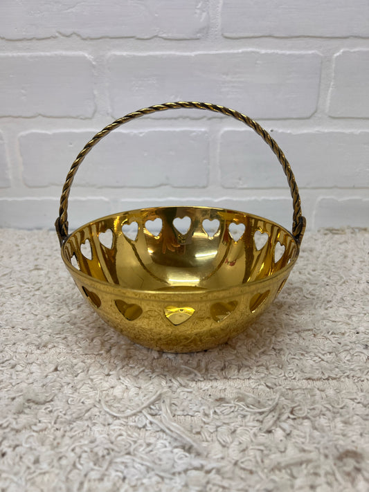 Vintage Brass Basket Bowl w/ Heart Cutouts