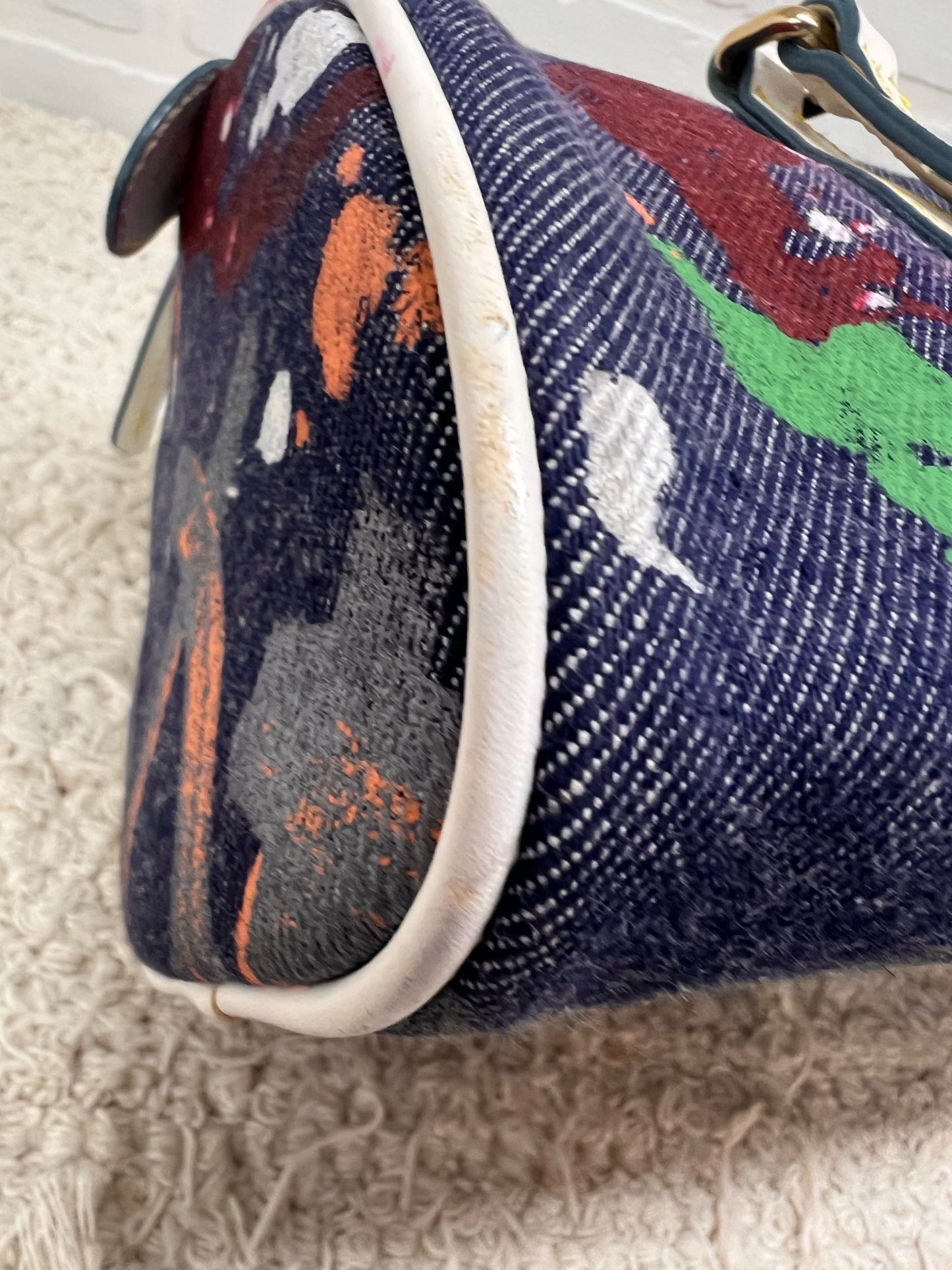 Dooney & Bourke Y2K Era Denim Paint Spatter Barrel Bag w/ Leather Trim