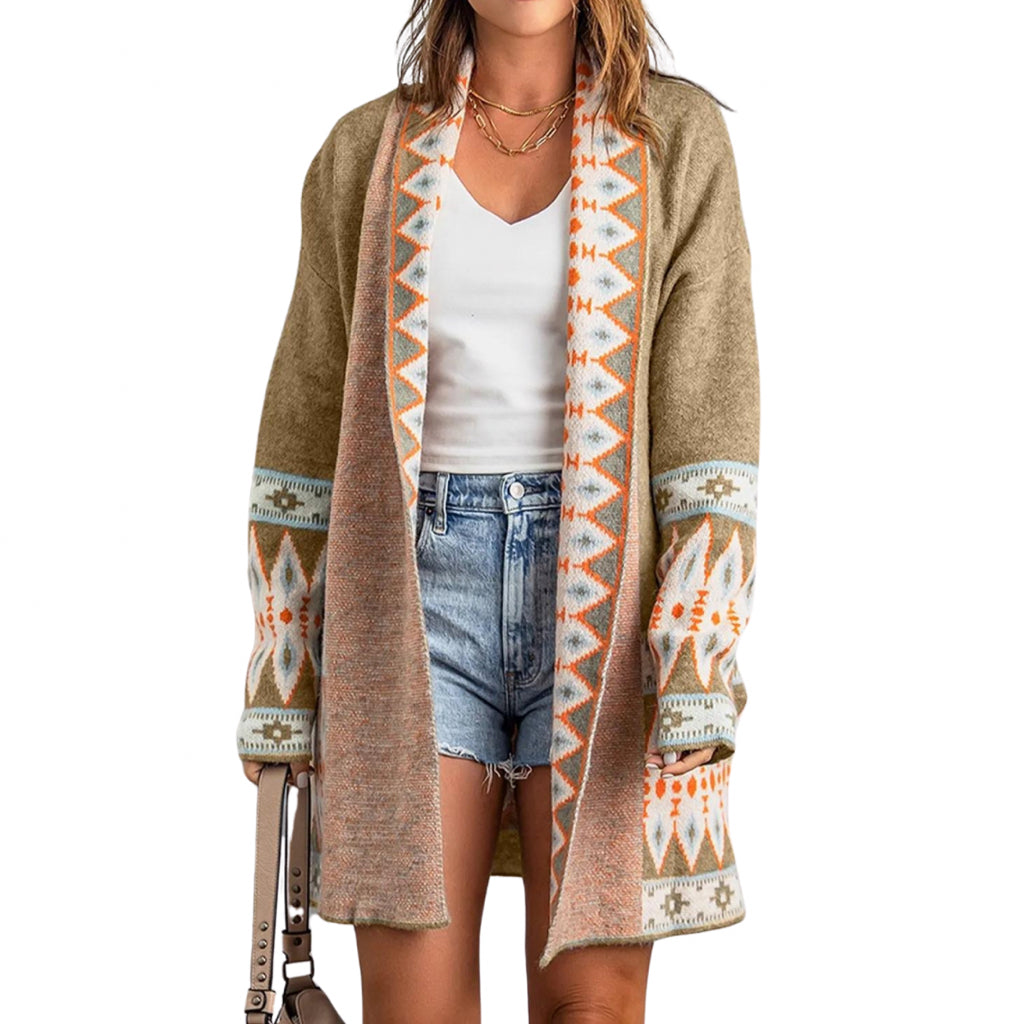 Khaki Southwest Inspired  Print Open Front Knit Cardigan