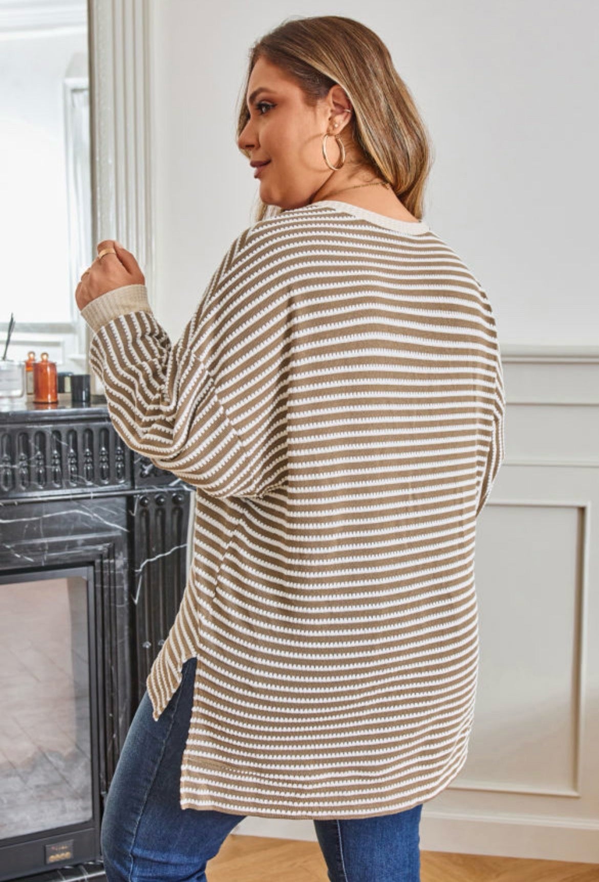Khaki Stripe Textured Dolman Sleeve High Low Top Sizes 1X - 2X - 3X