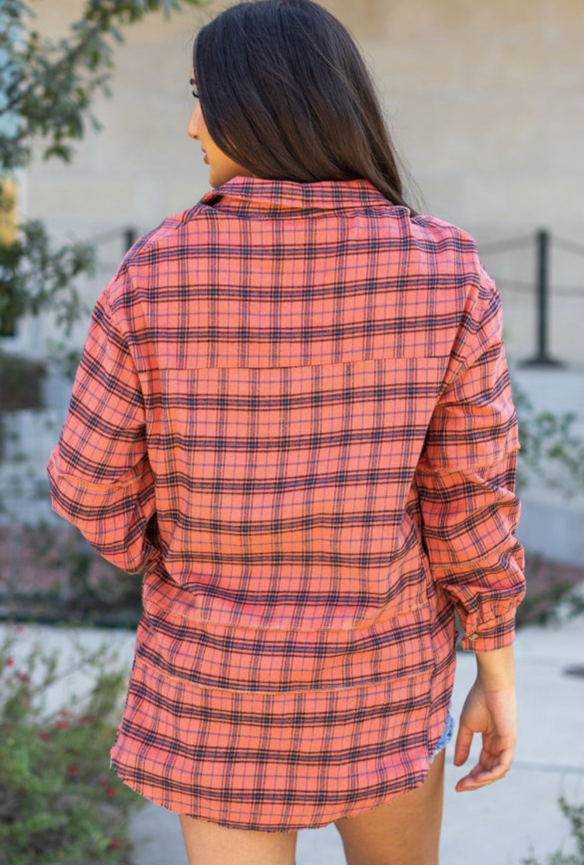 Side Split Distressed Hem Plaid Shirts - Multiple Color Options
