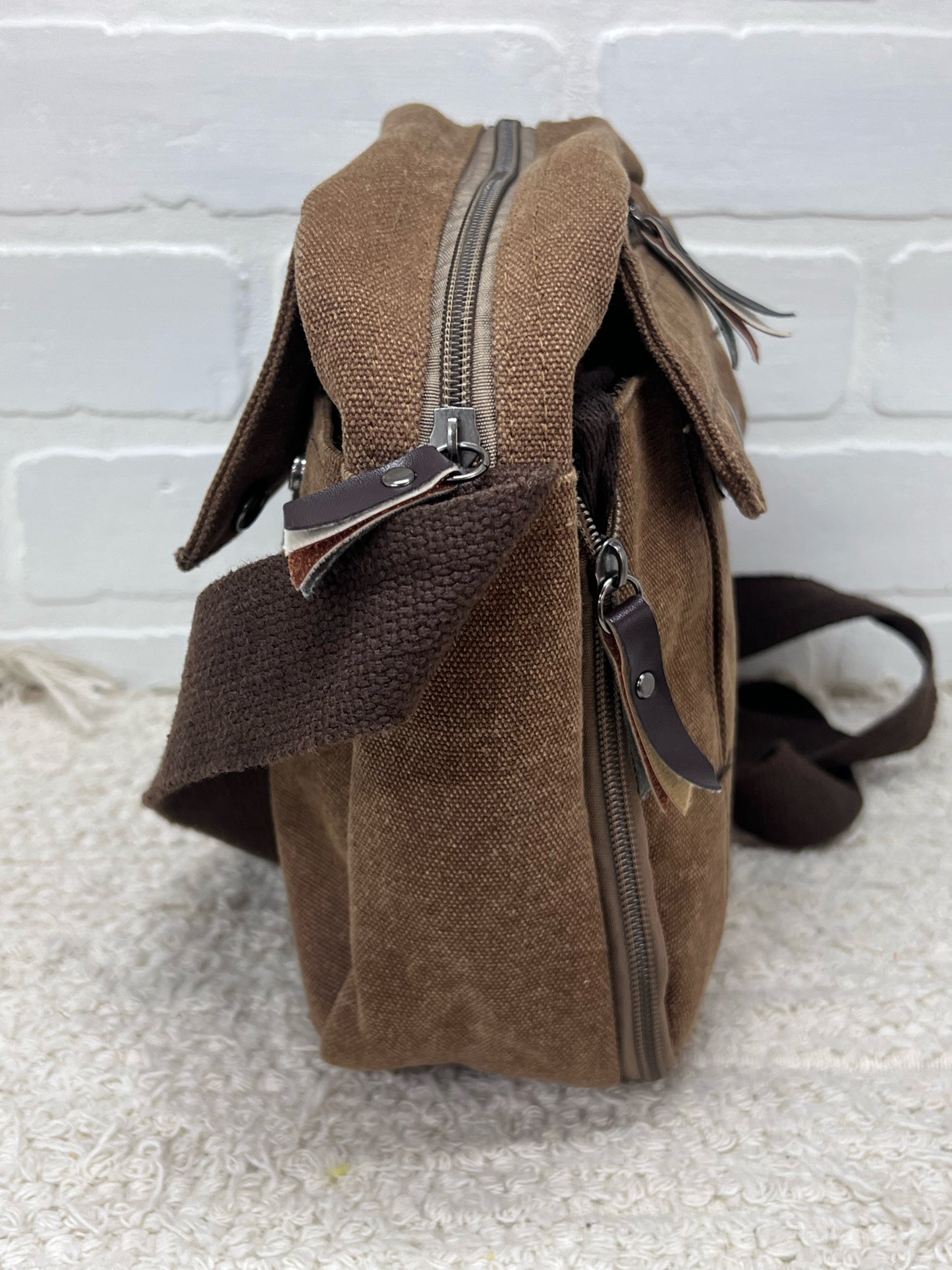 Harwish  Brown Canvas Square Crossbody Bag
