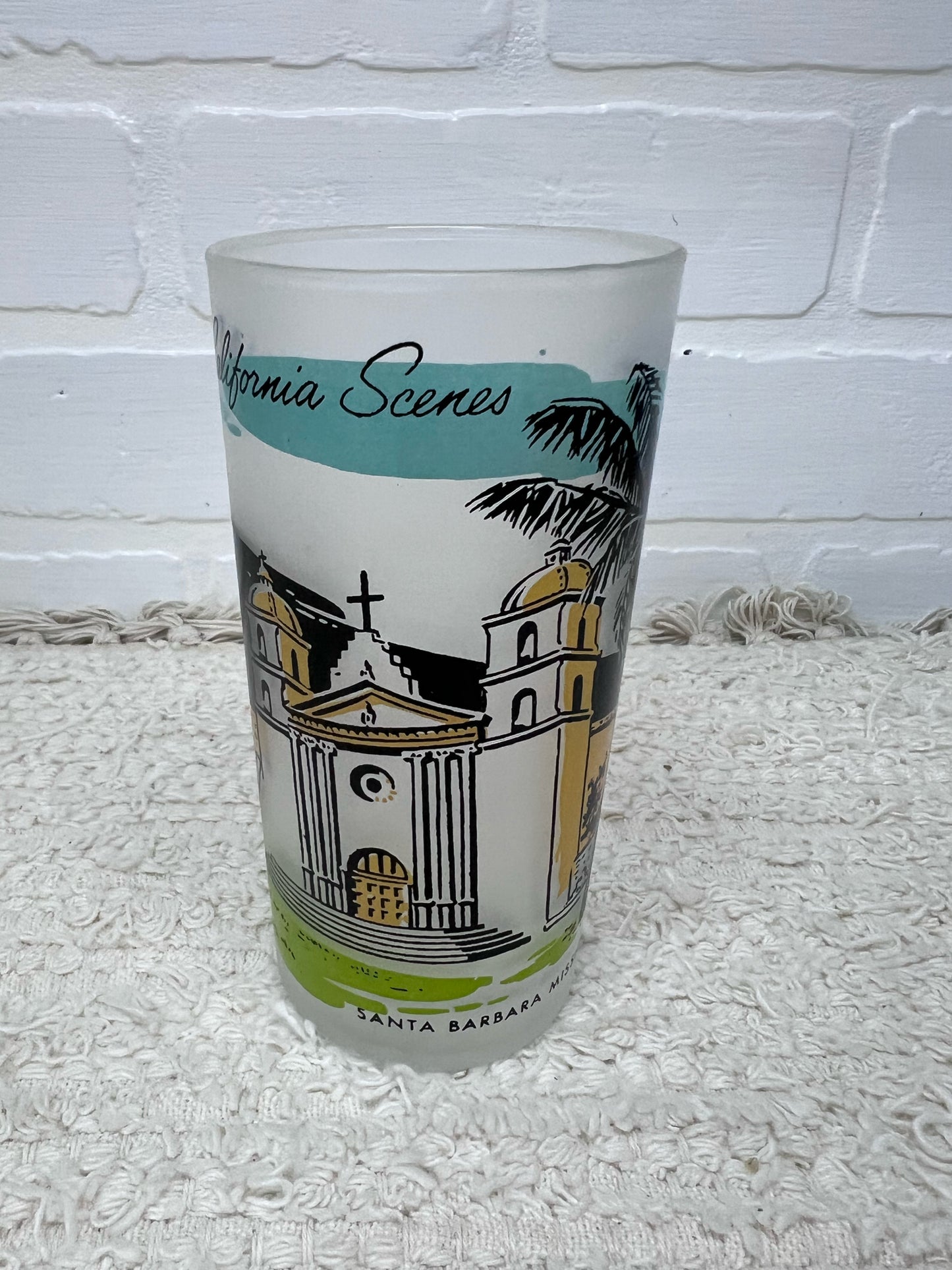 Vintage California Scenes Frosted Glasses Set of 8 Original Wire Carrier MCM Bar