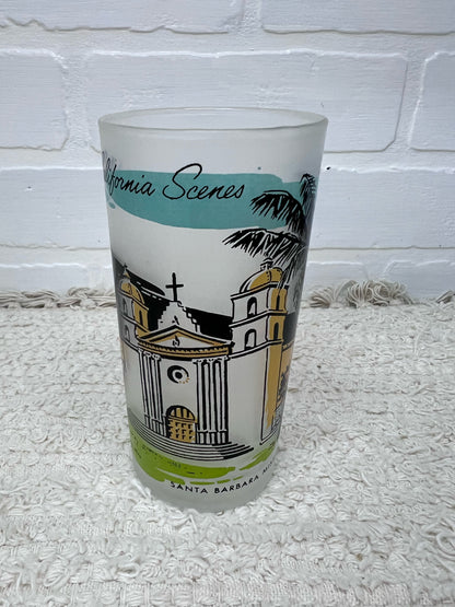 Vintage California Scenes Frosted Glasses Set of 8 Original Wire Carrier MCM Bar