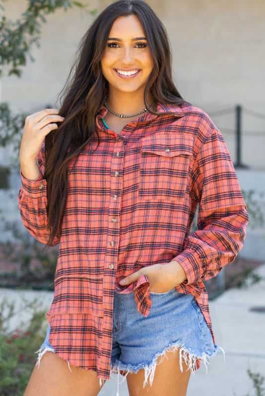 Side Split Distressed Hem Plaid Shirts - Multiple Color Options