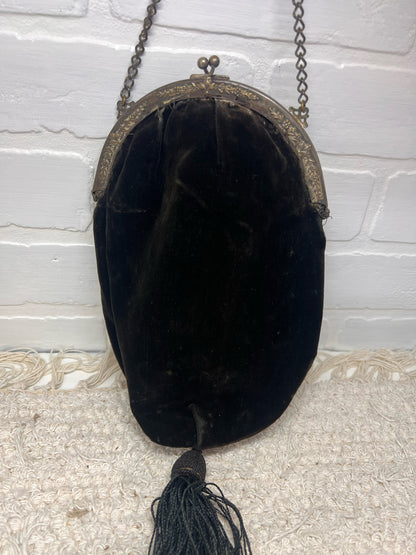 Vintage Black Velvet Tassel Purse with Ornate Silvertone Frame & Chain Handle