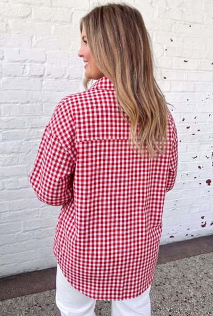 Red Plaid Button Down Tunic Top