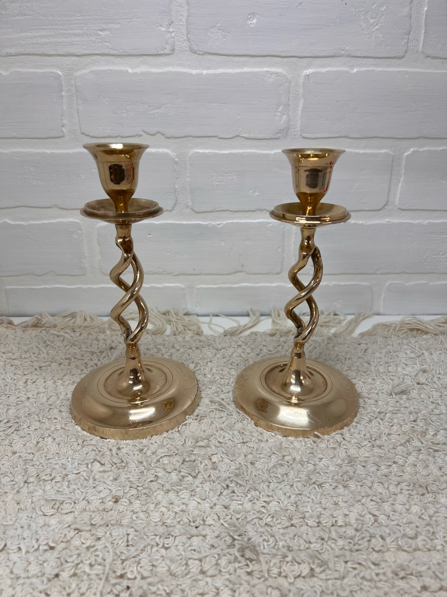 Pair of Vintage Twisted Brass Candlesticks