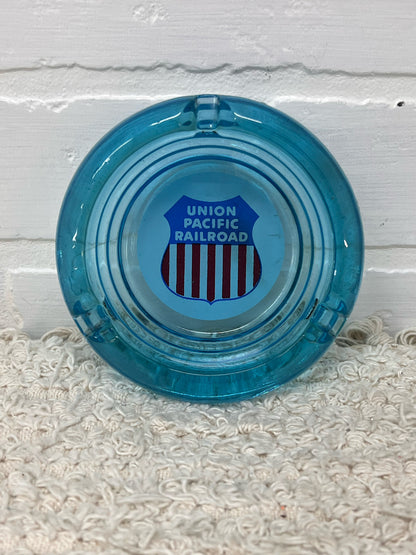 Vintage Union Pacific Railroad Blue Glass Shield Design Ashtray Circa 1960's