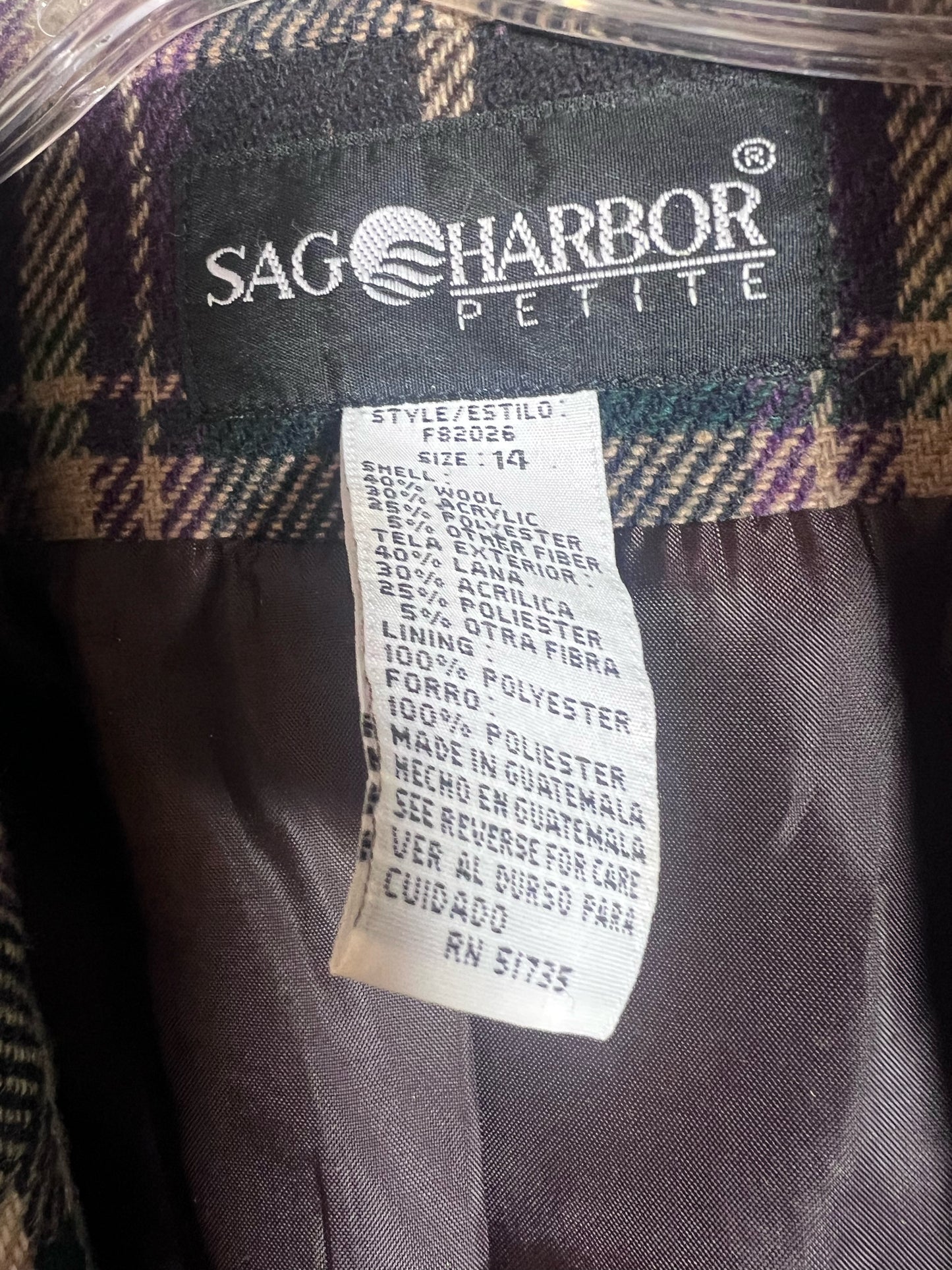 Size 14 P Sag Harbor Brown Muticolor Plaid Wool Blend Blazer