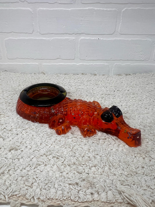 Vintage Lucite Alligator Ashtray - Orange Lucite with Green Glass Insert