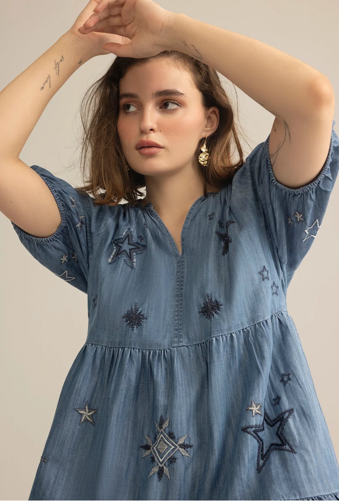 Prairie Hymn Embroidered Dress in Dusty Blue by Myra Bag