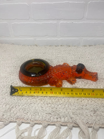 Vintage Lucite Alligator Ashtray - Orange Lucite with Green Glass Insert