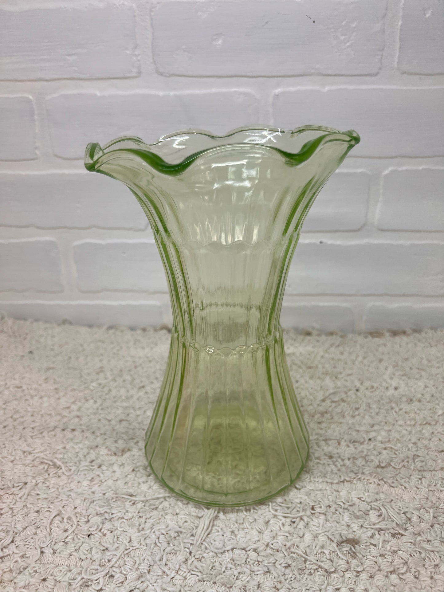 Vintage Uranium Glass Ruffle Top Vase 8"