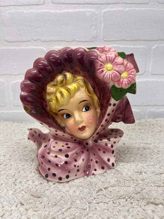 Ucagco Japan Vintage Lady Head Vase Southern Belle Pink Polka Dot